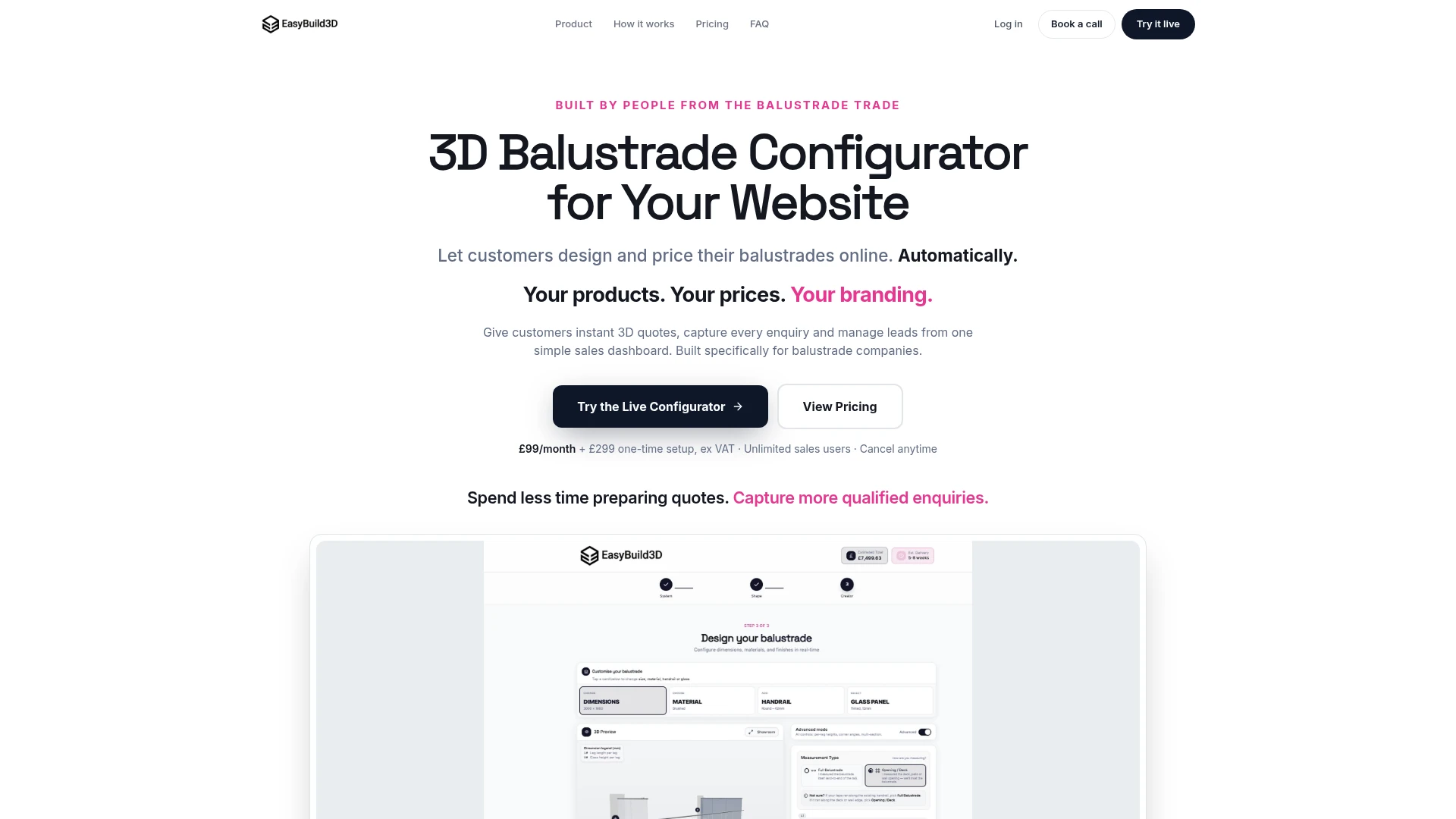 EasyBuild3D website showing its 3D balustrade configurator and instant quotation offering.