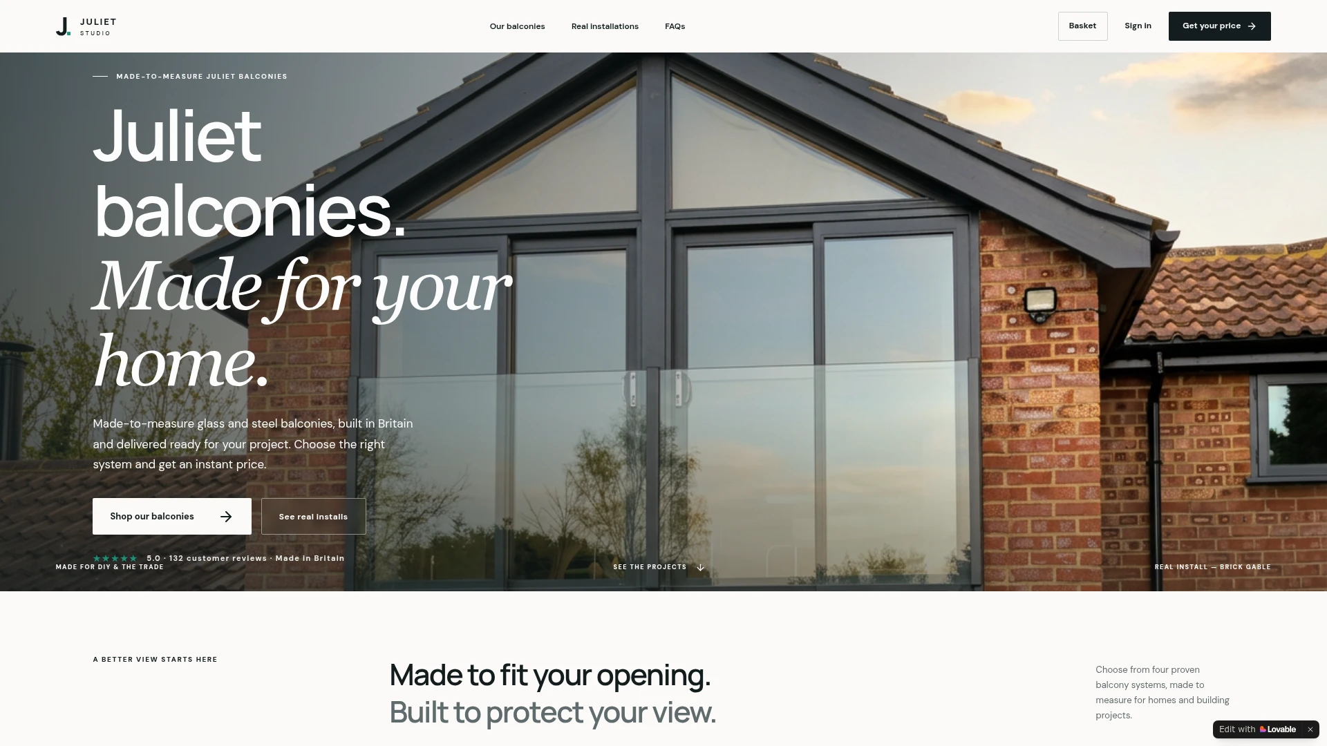 Juliet Studio website featuring a real glass Juliet balcony installation.