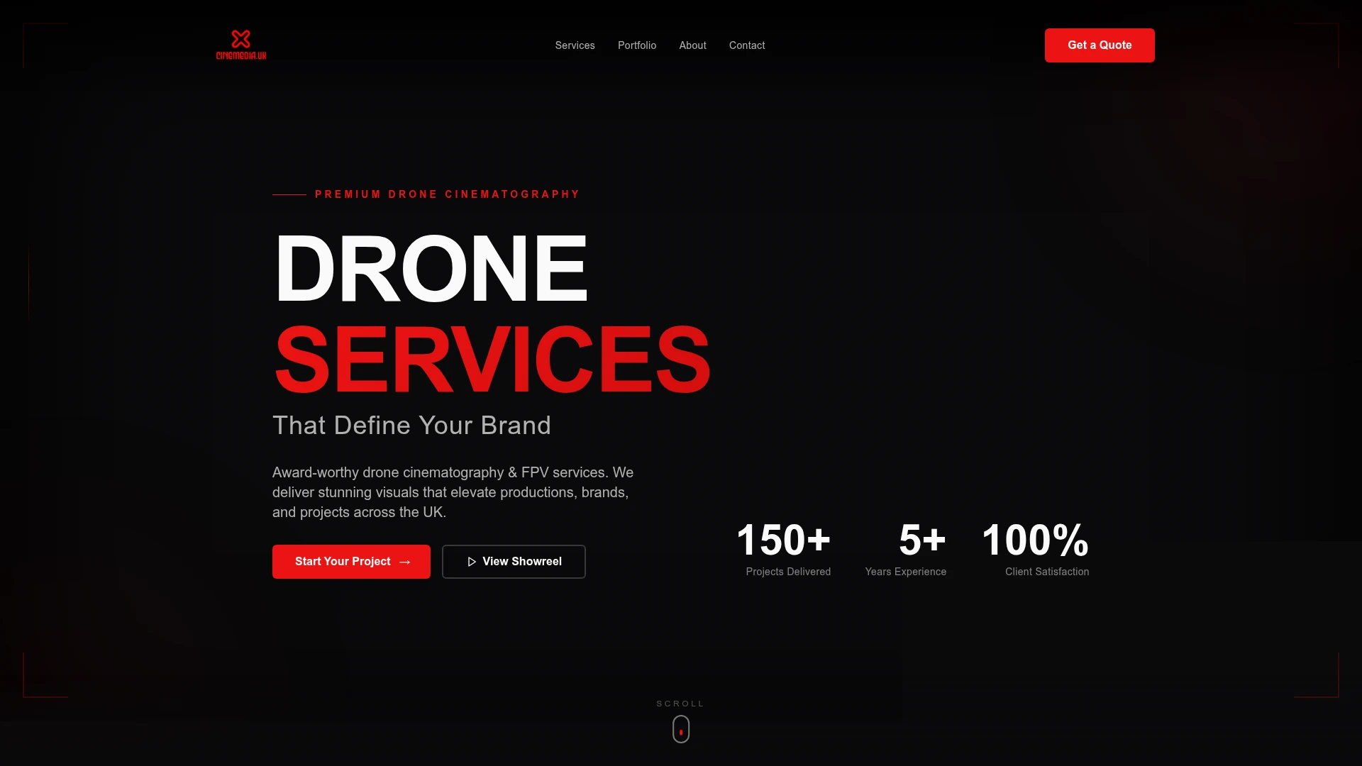 CineMedia UK website presenting its drone cinematography services.