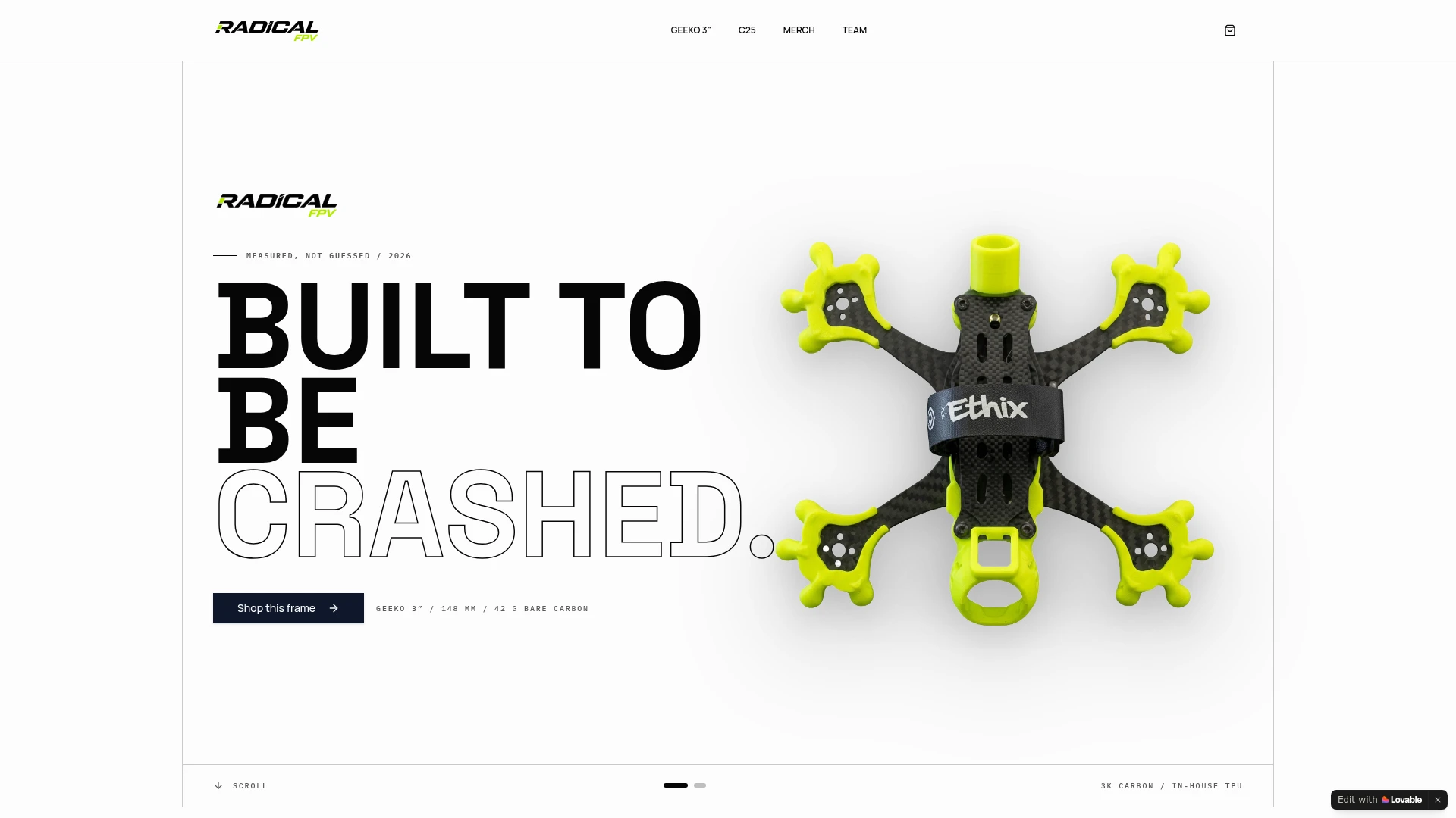 Radical FPV online store showing its carbon-fibre GEEKO drone frame.